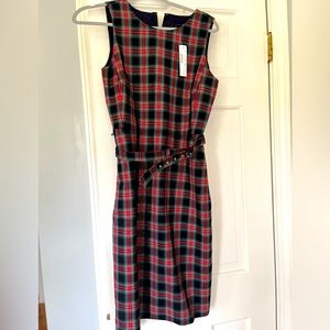 J. Crew belted sheath dress in black Stewart tartan, size 4, new with tags.